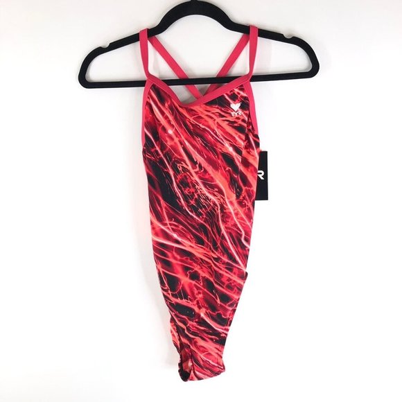 TYR Womens One Piece Swimsuit Diamondback Red Black 34 US M - Picture 1 of 5